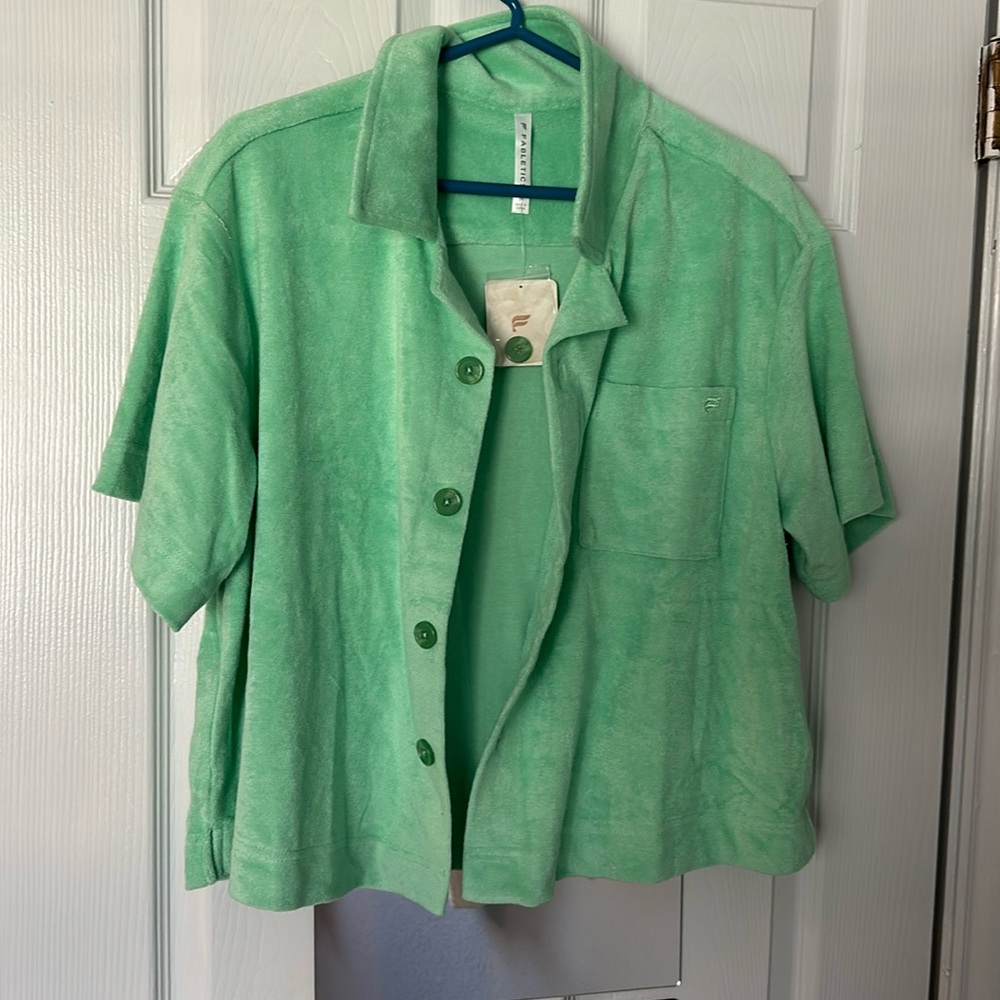 Fabletics sea foam terry boxy button down